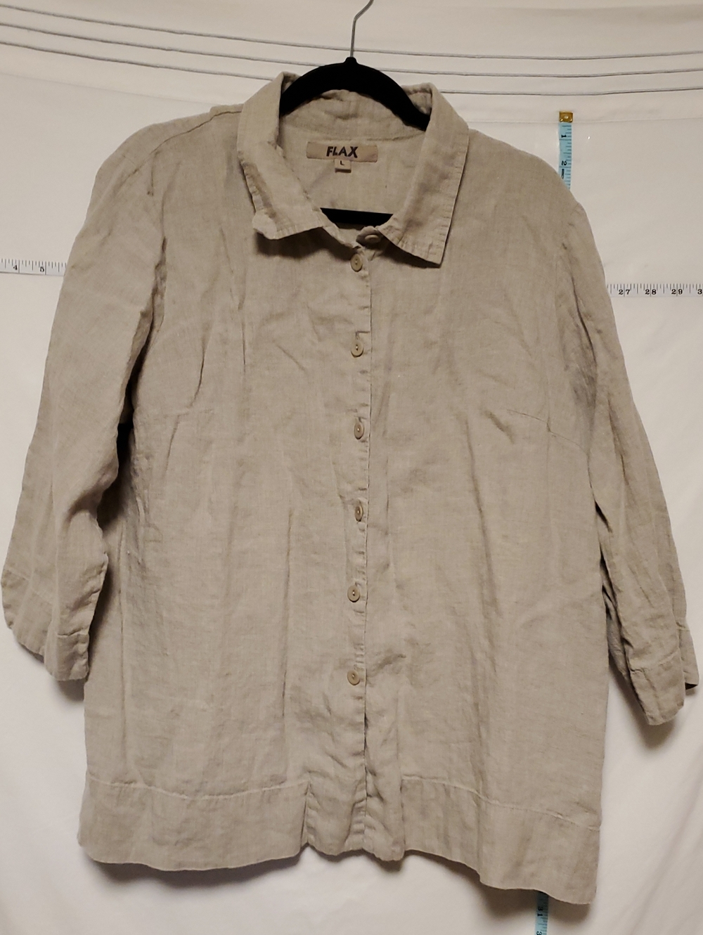 Flax Linen Button Up Top 3/4 Sleeves Light Beige Lg Lagenlook Minimalist
